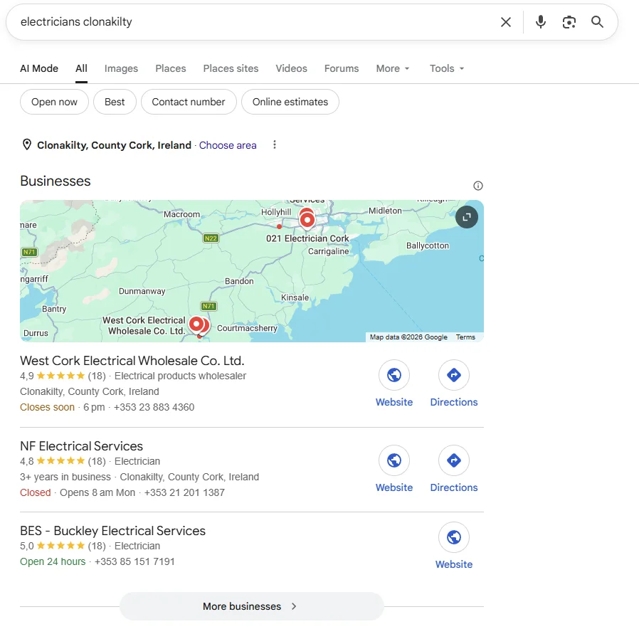 A Google search for electricians in Clonakilty, showing the map and the three businesses listed beneath it, each with a star rating and 18 reviews.