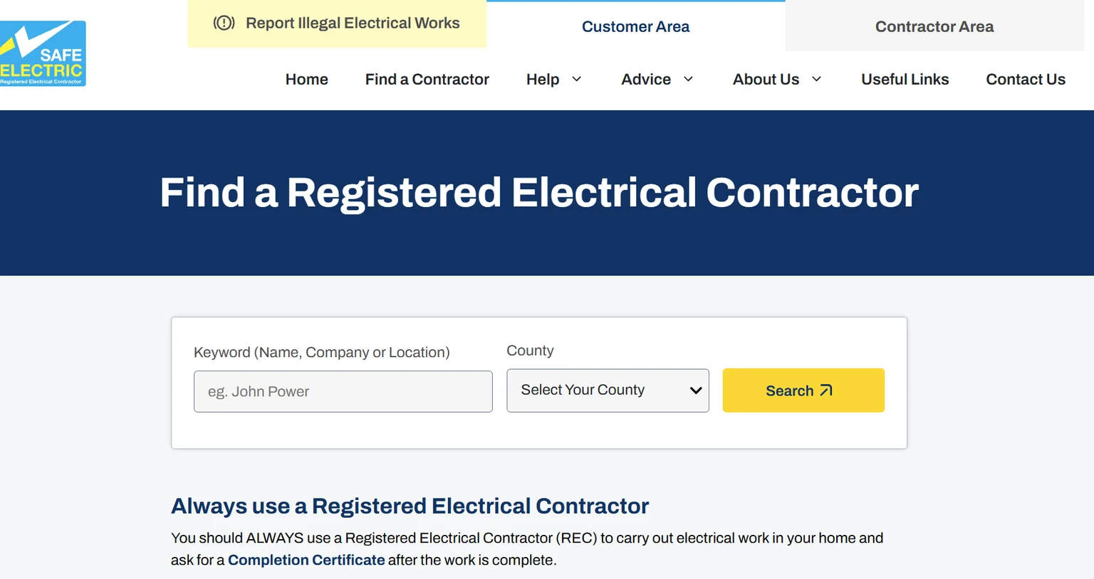 Safe Electric's Find a Registered Electrical Contractor page, with a search by name, company, location and county, above the line: always use a Registered Electrical Contractor.